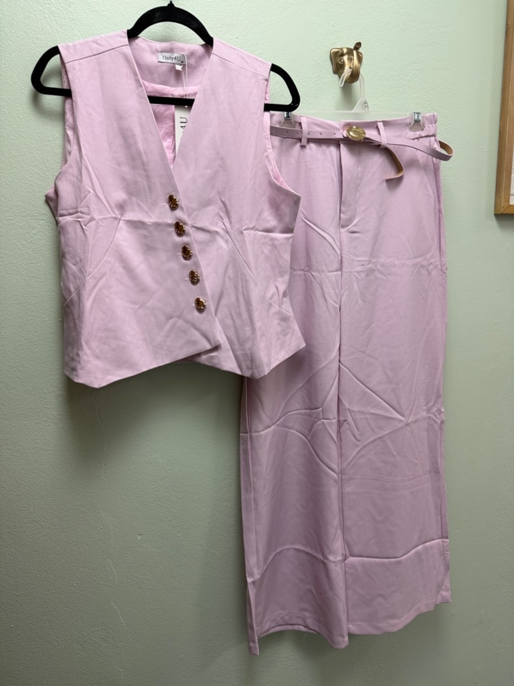 Only Light Pink Sleeveless Vest and Matching Skirt Set with Belt